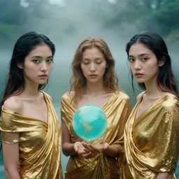 a closeup portrait of a three women wrapped in gold, the three dates, three sirens, standing next to a levitating turquoise orb, in a misty pond, color photograph, by vincent desiderio, canon eos c 3 0 0, ƒ 1. 8, 3 5 mm, 8 k, medium - format print