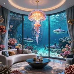 the realistic photo of the modern fashionable room as aquarium with a chandelier as a big jellyfish, beautiful corals on the walls and dangerous sharks on the big panoramic window, a lot of gleans, under the ocean, realistic colors, realistic shadows, daylight made in blender and cinema 4 d, hd, 3 d by beeple and by greg rutkowski