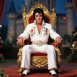 highly detailed, elvis sitting on his throne in his castle, atmospheric lighting, nice composition, art inspired by thomas kinkade