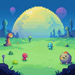 pixel art landscape of strange creatues roam around an alien planet, sci - fi, two suns in the sky, sunset, strange rock formations, rolling hills, atmospheric, misty, artstation, deviantart