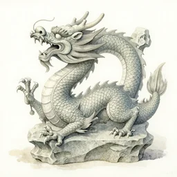Detailed watercolor painting of a dragon made of stone, chinese traditional art