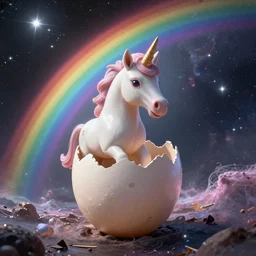 a unicorn hatching out of an egg in outer space with rainbow nebula