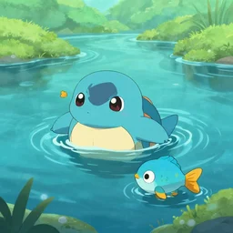 shiny wooper swimming in river with magikarp