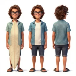 colored character study of todd solondz dressed as a surfer dude, clear, glasses, character sheet, fine details, concept design, contrast, kim jung gi, da vinci and pixar, trending on artstation, 8 k, full body and head, turnaround, front view, back view, ultra wide angle