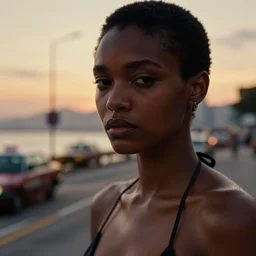 portrait face of a beautiful gorgeous black edgy model girl with short hair, bikini, she's sad, sunset, street of hong kong, 8 0 mm lens, 1. 2 aperture, grainy image, close up, cinematic light, 8 k, 4 k, very detailed, depressing atmosphere, cover magazine