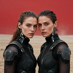 cinestill 5 0 d photographic portrait by steve mccurry of two loving female androids wearing rugged black mesh techwear on a desolate plain with a red sky, extreme closeup, cyberpunk style, dust storm, 8 k, hd, high resolution, 3 5 mm, f / 3 2, ultra realistic faces, ex machina