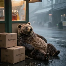 hyper - realistic anthropomorphic bear homeless laying in a dark rainy street corner under carton boxes, honey dispensary, eerie foggy sky, frank frazetta, alex horley, ralph horsley, michael whelan
