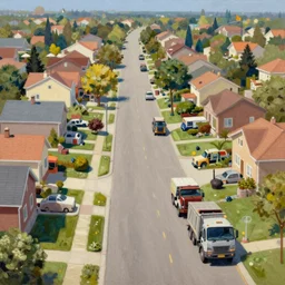 classic oil painting, a satellite view of a suburban street with houses and dump trucks, as a dnd character, sunny suburban street, happycore, highly detailed, digital illustration, concept art, smooth, sharp focus, art by greg hildebrandt, and tim hildebrandt
