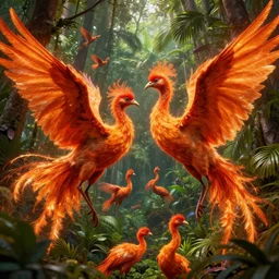 flock of fiery phoenix birds in tropical forest, insanely detailed, digital art, photorealistic, wimmelbilder, unreal engine 5, 8 k