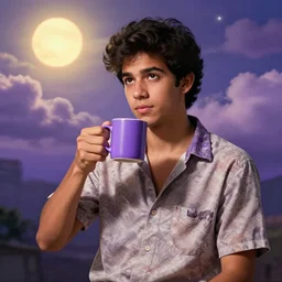 portrait of a ( ( ( una taza de cafe grande y morada ) ) ), ( ( guapo joven caliente cubano camisa abierta ) ), nubes y magia, el sol, concept character, by greg rutowski and tezuka and oi and mucha and bierstadt and remington, trending on artstation