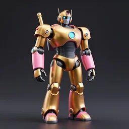 gold blue pink black robot full body , 3D render, dark background, smooth background, studio lighting, vivid colors, unreal engine