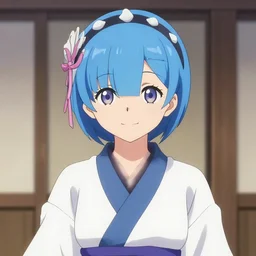 Rem from Re:Zero with a cute smile, wearing a robe, character concept art by Takehito Harada