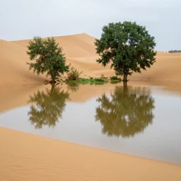 flooded deser, huge dunes, a lake, reflections, luxuriant trees, marc adamus, landscape