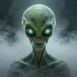 alien with long forehead. green semitransparant cloudy lightly glowing eyes. high quality photorealistic octane render 4 k, hyperrealism, volumetric fog, scary, unnerving, serious, dark, fear, concept art of chris foss, trending on artstation, cgstation, symmetric, horror, nonhuman monster