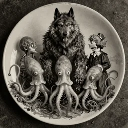 vintage photograph monochrome plate, monstrous mutant victorian family of squid people posing with a satanic werewolf, distressed old photo, slight sepia tone