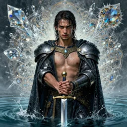 portrait of a man wearing a knight robe, holding a sword, drenched body, wet dripping hair, emerging from the water, fantasy, regal, fractal crystal, fractal gems, by stanley artgerm lau, thomas kindkade, alphonse mucha, loish, norman rockwell