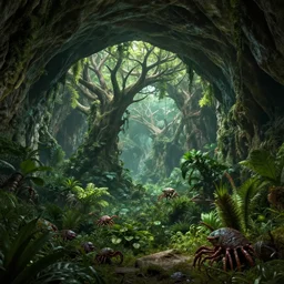 underground cave on an exotic alien planet with a lush jungle archway of antler trees in the background, leafy overgrowth, crustacean - like weeds, by ian miller, rodney matthews and al feldstein, octane, ue 5, photorealistic render