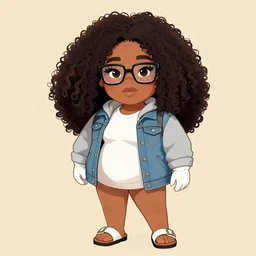 A beautiful curvy woman with #E0A37A skin color with long, puffy, afro hair, half-frame square glasses, light grey hoodie opened, white T-Shirt, white gloves, denim jacket, birkenstock sandals, cartoon style, character art