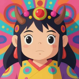 a colorful vibrant 3 d portrait of princess mononoke from studio ghibli, intricately detailed, simple eyes, symmetric, tribal psychedelic, colorful flat surreal design, hd, 8 k, artstation