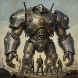 high intricate painting of a giant titan, dieselpunk, full shot, neil gaiman, maria panfilova, andrea savchenko, mike kime, ludovic plouffe, qi sheng luo, oliver cook, julian calle, eddie mendoza, trending on artstation