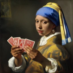 romeo santos playing cards by johannes vermeer, brown skin, classical painting, digital painting, romantic, vivid color, oil painting