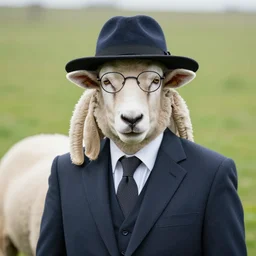 a portrait of a male sheep, a gentleman, wearing a suit, a glasses, a hat
