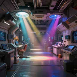 interior design of a space station, octan render, hyperrealism, colorful, light rays, highly detailed, excellent composition, cinematic concept art, dramatic lighting, trending on artstation