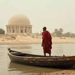 movie still by djibril diop mambety of a man in red drapery in a blood barque on a river next to a neoclassical spherical buildings in the desert, leica sl 2 5 0 mm, heavy grain, high quality, high detail, foggy, mud
