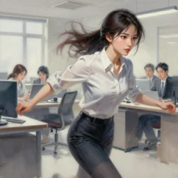 dynamic composition, motion, ultra - detailed, incredibly detailed, a lot of details, amazing fine details and brush strokes, colorful and grayish palette, smooth, hd semirealistic anime cg concept art digital painting, watercolor oil painting of an office lady, by a chinese artist at artstation, by huang guangjian, fenghua zhong, ruan jia, xin jin and wei chang. realistic artwork of a chinese videogame, gradients, gentle an harmonic grayish colors.