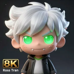 cartoon danny phantom white hair glowing green eyes cute fangs pointy teeth detailed photorealistic fanart trending on tumblr 8K award winning, Ross Tran,