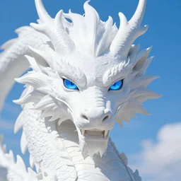 white photorealistic futuristic post - modern blue eyes white dragon in seoul with bright blue sky