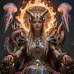viking goddess close-up portrait tribal princess , sitting on intricate throne, high tech, cyberpunk, dystopian, jellyfish phoenix dragon, butterfly squid, burning halo, intricate artwork by Guy Denning, very coherent symmetrical artwork, cinematic, hyper realism, high detail, octane render, unreal engine, 8k, Vibrant colors, Smooth gradients, High contrast, depth of field,