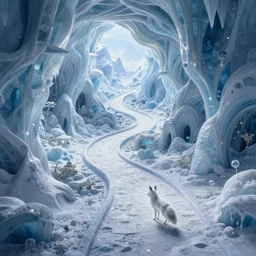 beguiling epic stunning beautiful insanely detailed matte painting of an impossible path winding through arctic dream worlds, vast surreal ice interior architecture, by cyril rolando and asher durand and natalie shau, masterpiece, imaginative, whimsical, a small arctic fox spirit