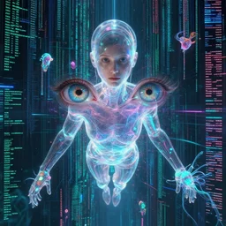 trapped in my conscious, sky falling, look me inside of my eyes, computer code, matrix background, transparent holographic being, holographic, bioluminiscent creatures, intricate artwork by beeple. octane render, trending on artstation, greg rutkowski very coherent symmetrical artwork. cinematic, hyper realism, high detail, octane render, 8 k