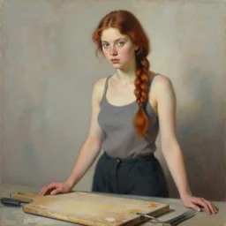 a beautiful painting of a gorgeous young mother standing over a weathered cutting board with auburn side braid draped over her shoulder and pretty hazel eyes, representative of the art style of artgerm and wlop and peter mohrbacher