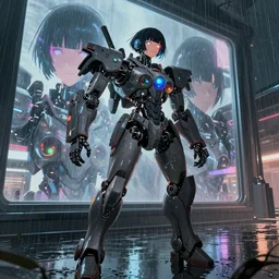 cyberpunk anime art, refractions on lens, beautiful cyborg girl fighting a mech in the style of arcane, full round face, biomechanical details, full body shot, rain, wet street, window reflections, lens flare, wlop, ilya kuvshinov, artgerm, krenz cushart, greg rutkowski