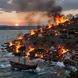 burning roman village on steep hill during invasion, burning houses, lake view, old ships, sunset, dramatic, turbulent water