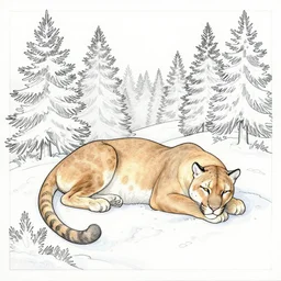 unfinished colouring book showing 'a cougar sleeping in the middle of snowy pine tree' laying on coffee table, zoomed out shot, HD,