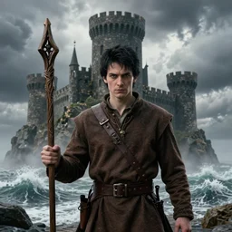 photographic portrait of young adult male wizard from the waist up with black hair wearing a brown jerkin and bandolier and wielding an intricate wooden staff in front of a castle or stone structure or rock tower and turrets by the sea, photorealistic, dramatic lighting, intense clouds, sharp detail, hyper realistic, foggy atmosphere, intense facial expression, octane render, ocean waves crashing, rule of thirds, no really put a castle in there