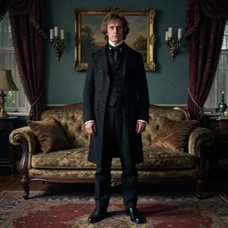 detailed cinematic moody colors studio portrait of a victorian gentleman with shaggy hair in a victorian living room, high quality by jeremy mann, only one full body single portrait