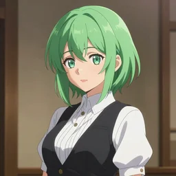 anime art, anime key visual of elegant young female, short green hair and large eyes, white blouse, black vest, finely detailed