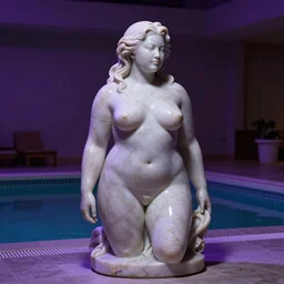 awe - inspiring award - winning frank frazetta marble statue of a beautiful chubby asian woman in a room with tiled surfaces and a swimming pool, realistic, photo real, smooth, sharp, intricate detail, dramatic lighting, extremely moody purple lighting, glowing light and shadow, atmospheric, shadowy, cinematic, 8 k