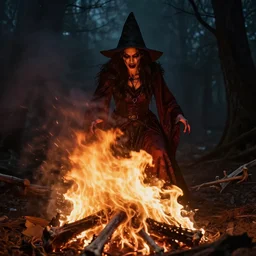 witch on a fire burning pyre of bones, horror. dark gothic, artstation