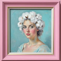 an old portrait of a woman with sugar cotton hair painting with frames pink, cyan