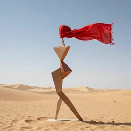 a red scarf blowing in the wind in the desert, an abstract sculpture by richard benning, pinterest, figuration libre, redshift, feminine, angular