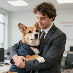 dog with a suit with human arms hugging a company man