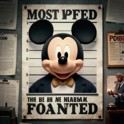 Most Wanted Criminal FBI poster featuring realistic mugshot of a realistic Mickey Mouse, photorealistic, the poster is on a wall among other papers. Cinematic. Detective with his crime board. High resolution, dramatic lighting, award winning. Rendered with autodesk arnold.