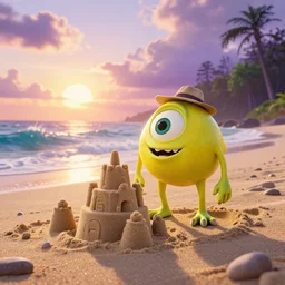 3 d octane render, of a hot anthropomorphic lemon female character looks like monster from the movie وmonsters inc, with lemon skin texture, he is wearing a hat, building a sandcastle on the beach at sunset, beach, huge waves, sun, clouds, long violet and green trees, rim light, cinematic photography, professional, sand, sandcastle, volumetric lightening