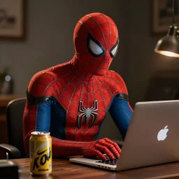 “Spider-Man sitting at a desk using a laptop with a can of cola, 35mm Nikon.”