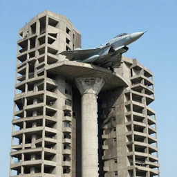 jet fighter as a support column concrete building brutalist